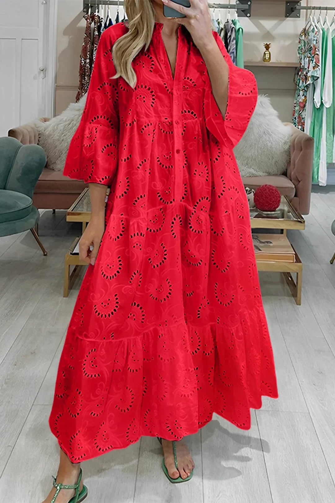 Long Hollow-Out Maxi Dress with 3/4 Sleeves and V-Neck for Summer